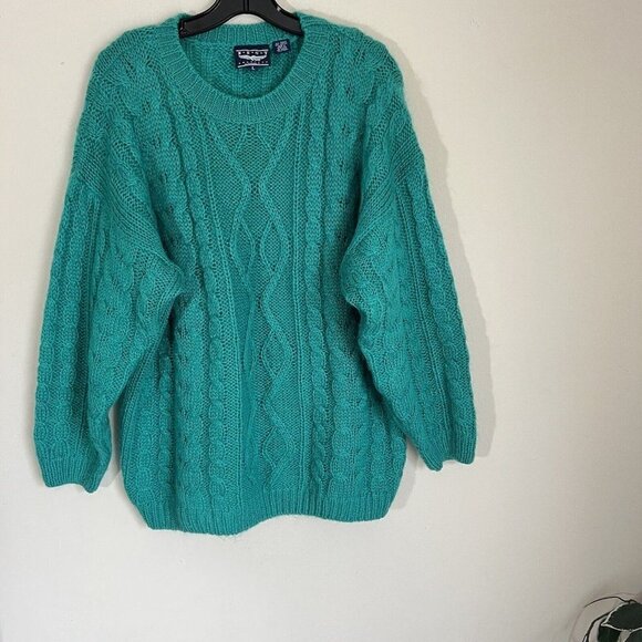 Vintage 80s 90s Chunky Cable Knit Fisherman Mohair Blend Sweater L Emerald Green - Picture 5 of 5
